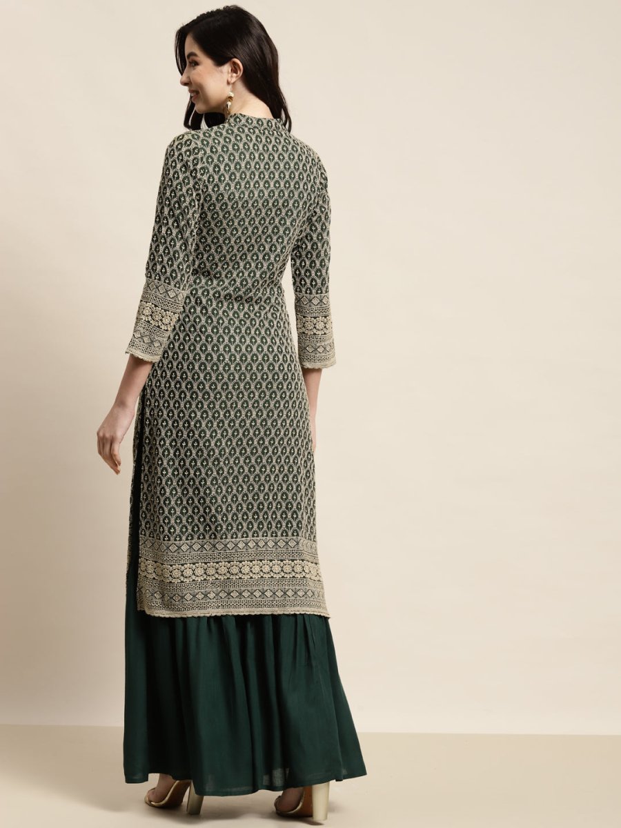 Green Embroidered Women Kurta with Sharara - JOKPS_1448_Green_S