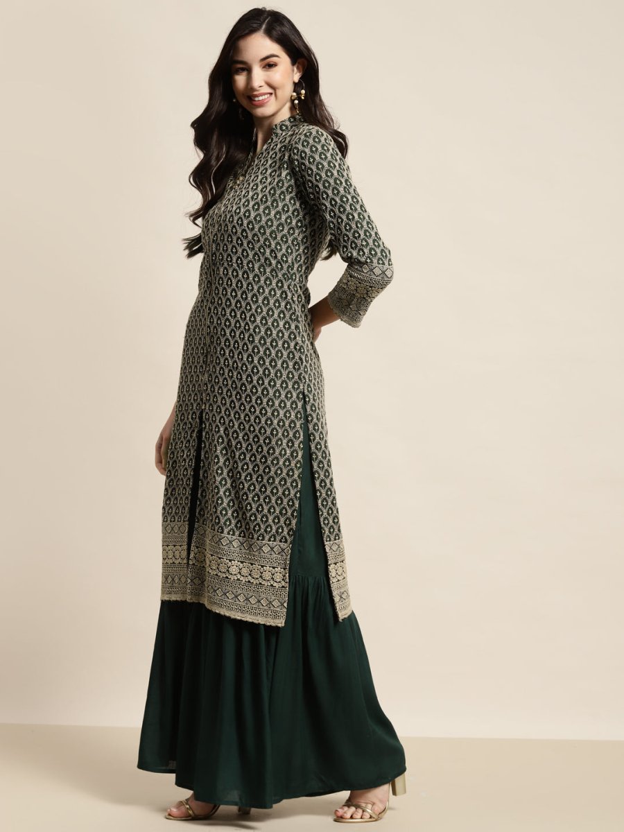 Green Embroidered Women Kurta with Sharara - JOKPS_1448_Green_S