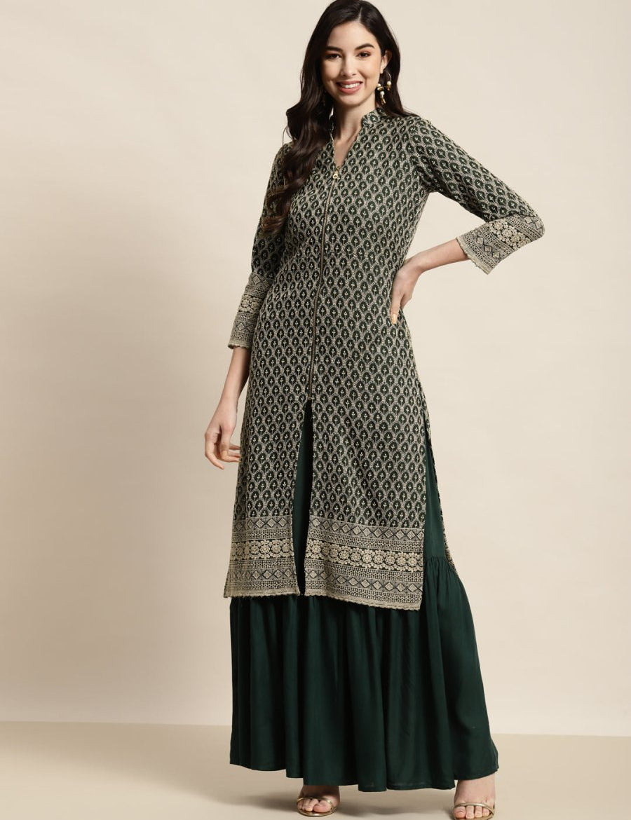Green Embroidered Women Kurta with Sharara - JOKPS_1448_Green_S