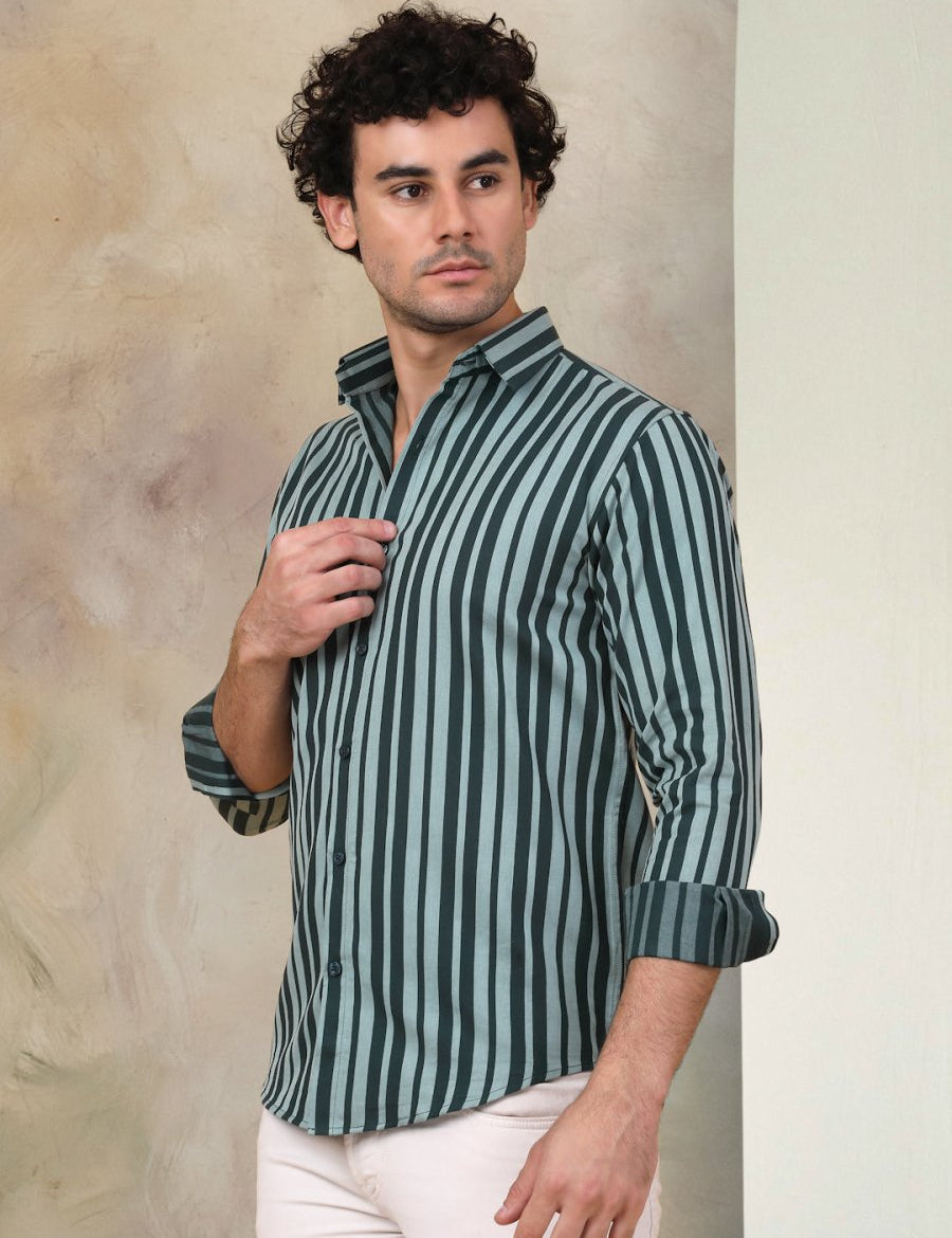 Green Striped Cotton Shirt for Men - SF_946Green_S