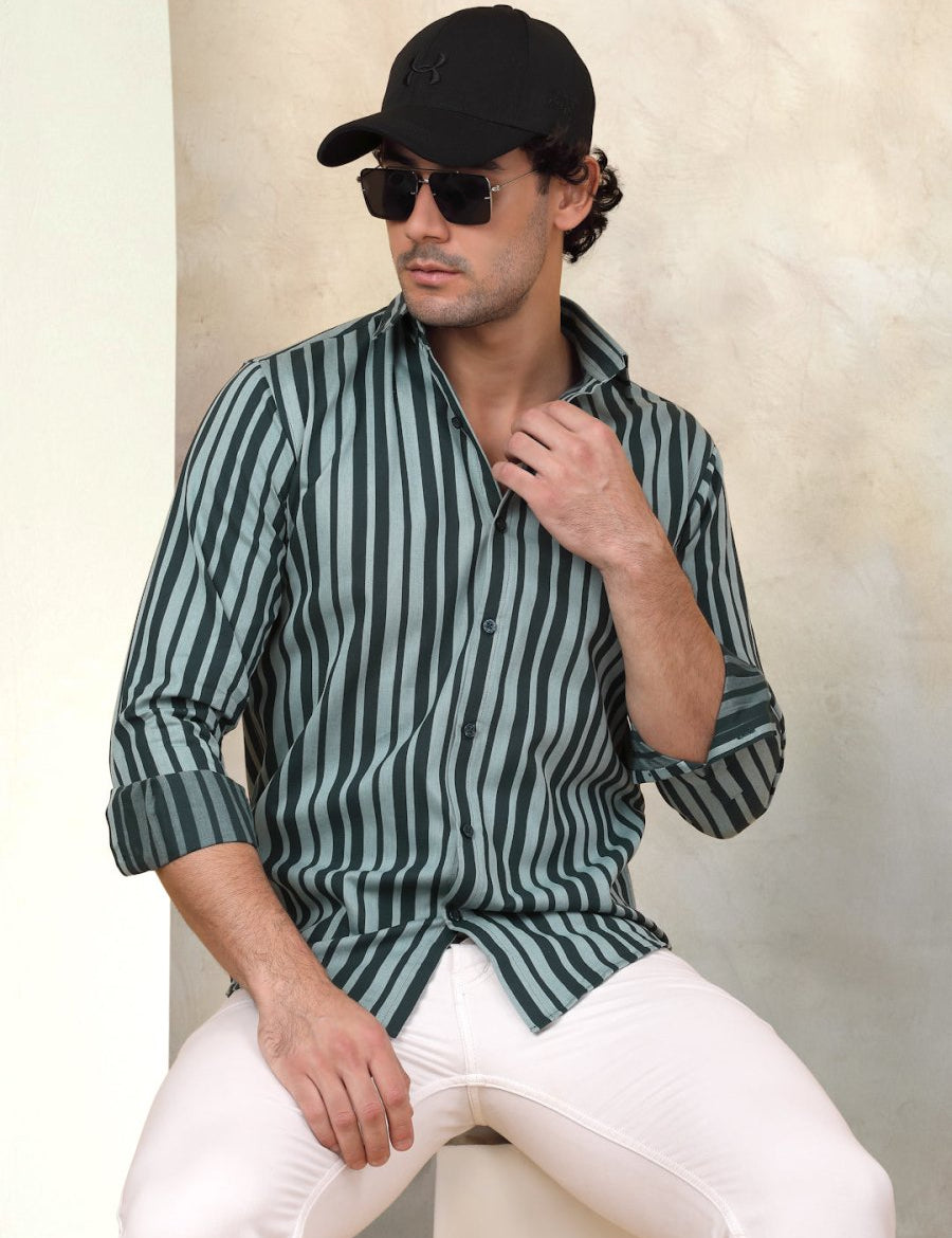 Green Striped Cotton Shirt for Men - SF_946Green_S