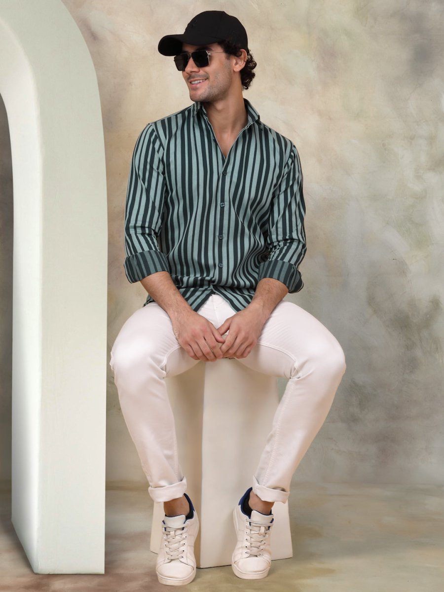 Green Striped Cotton Shirt for Men - SF_946Green_S