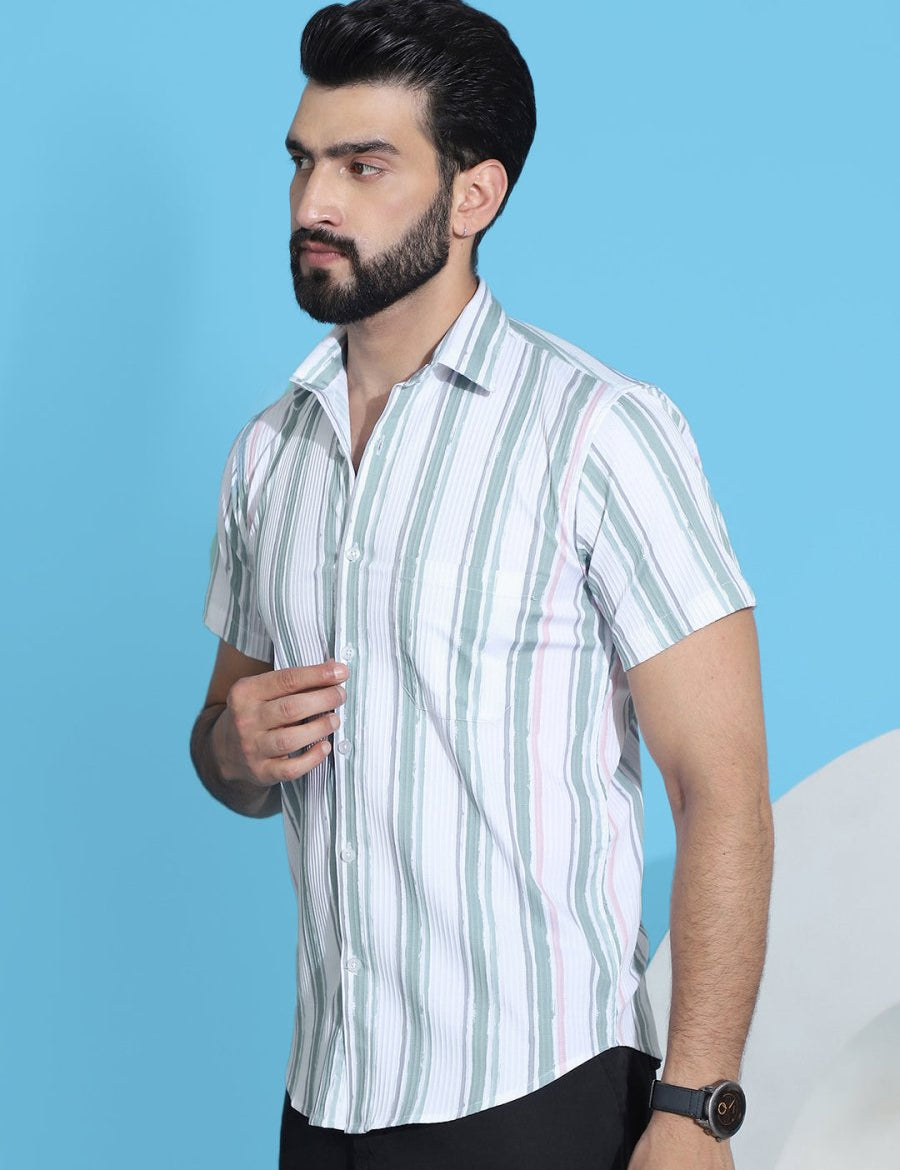 Green Striped Half Sleeve Shirt for Men - SF_947Green_S