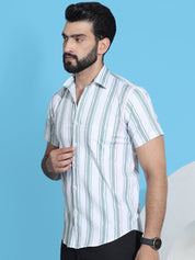 Green Striped Half Sleeve Shirt for Men - SF_947Green_S