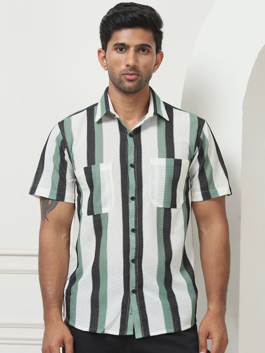 Green Striped Half Sleeve Shirt for Men - SF_953Green_S