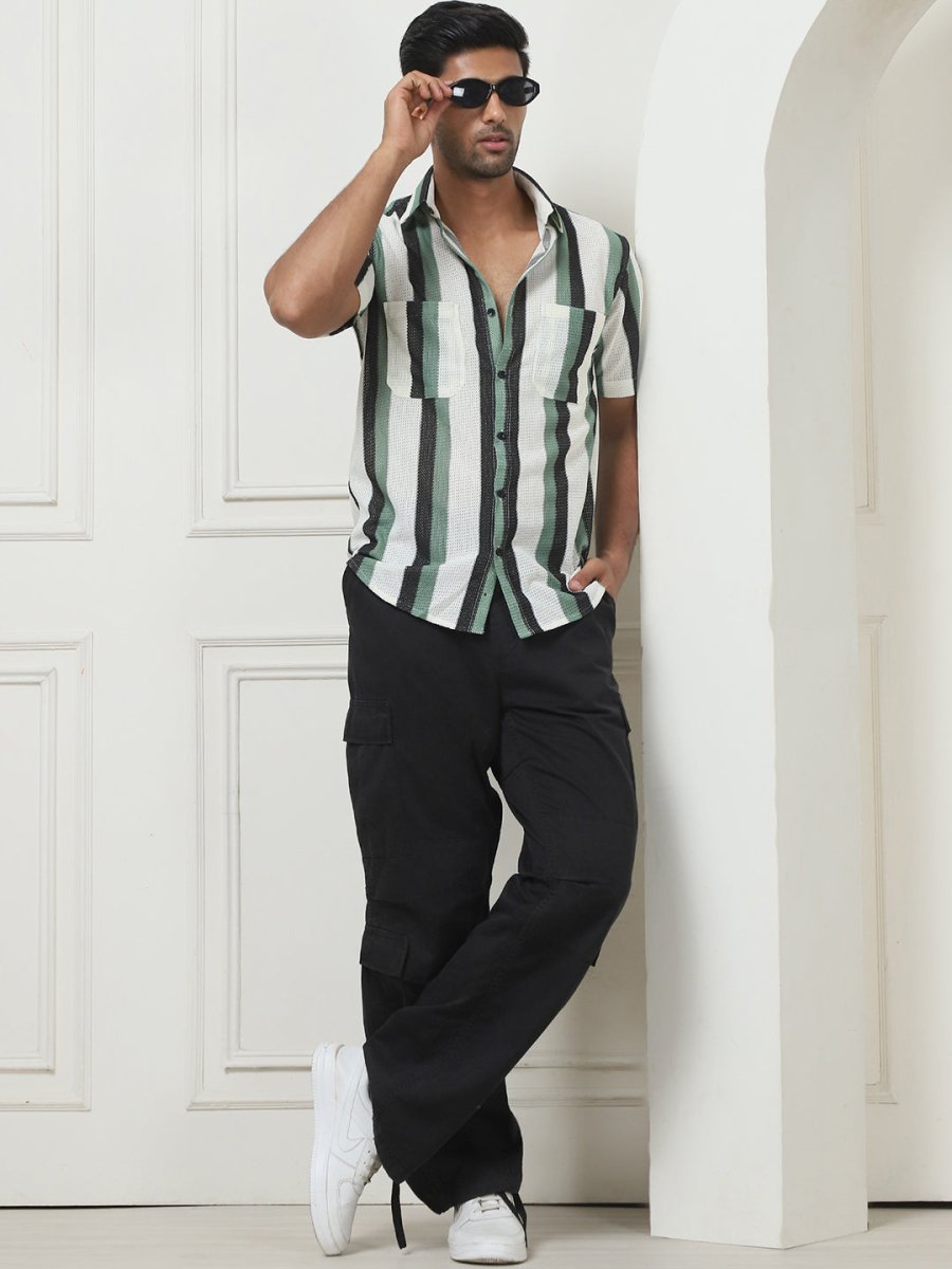 Green Striped Half Sleeve Shirt for Men - SF_953Green_S
