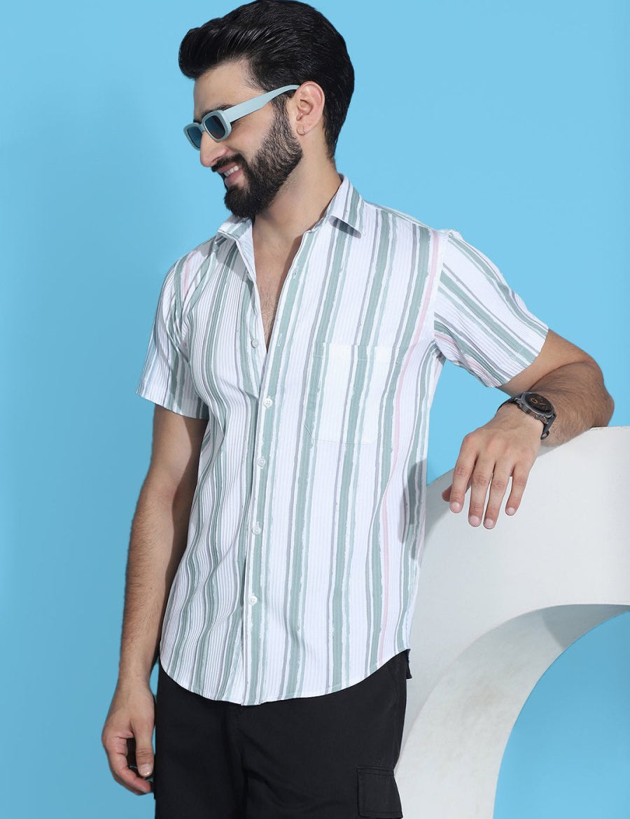 Green Striped Half Sleeve Shirt for Men - SF_947Green_S