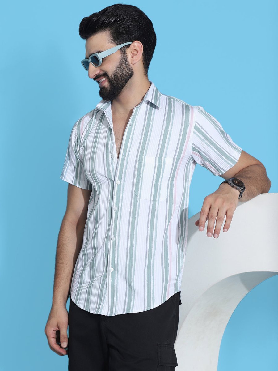 Green Striped Half Sleeve Shirt for Men - SF_947Green_S