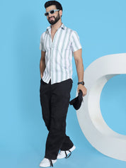 Green Striped Half Sleeve Shirt for Men - SF_947Green_S