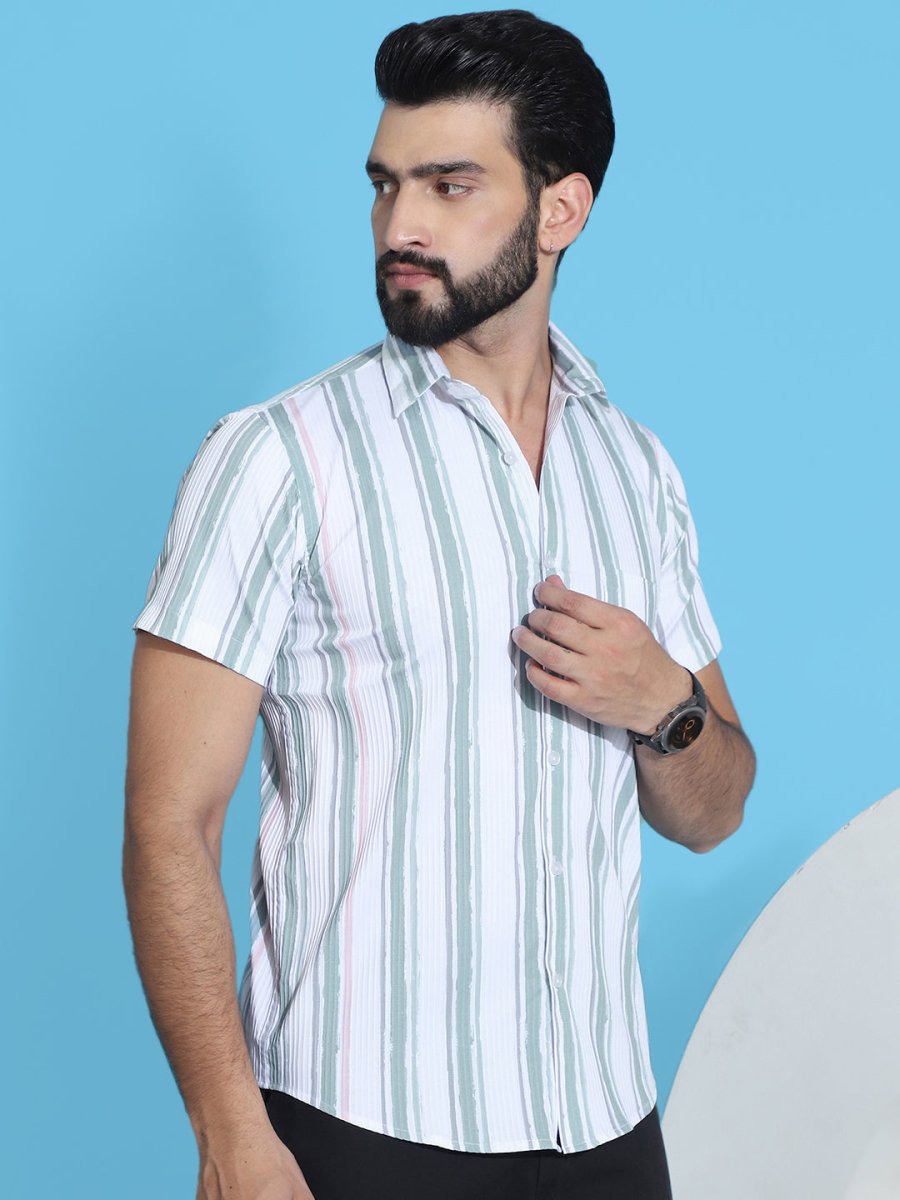 Green Striped Half Sleeve Shirt for Men - SF_947Green_S