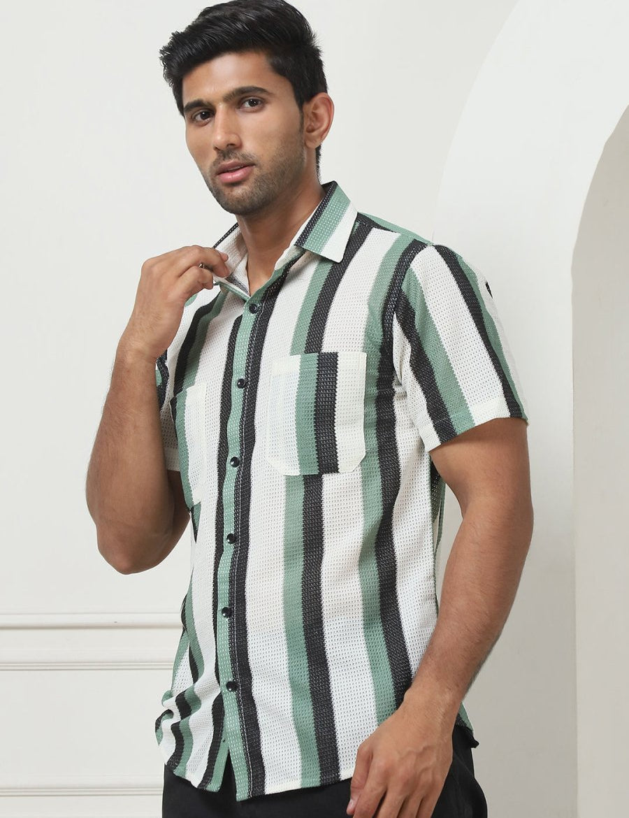 Green Striped Half Sleeve Shirt for Men - SF_953Green_S