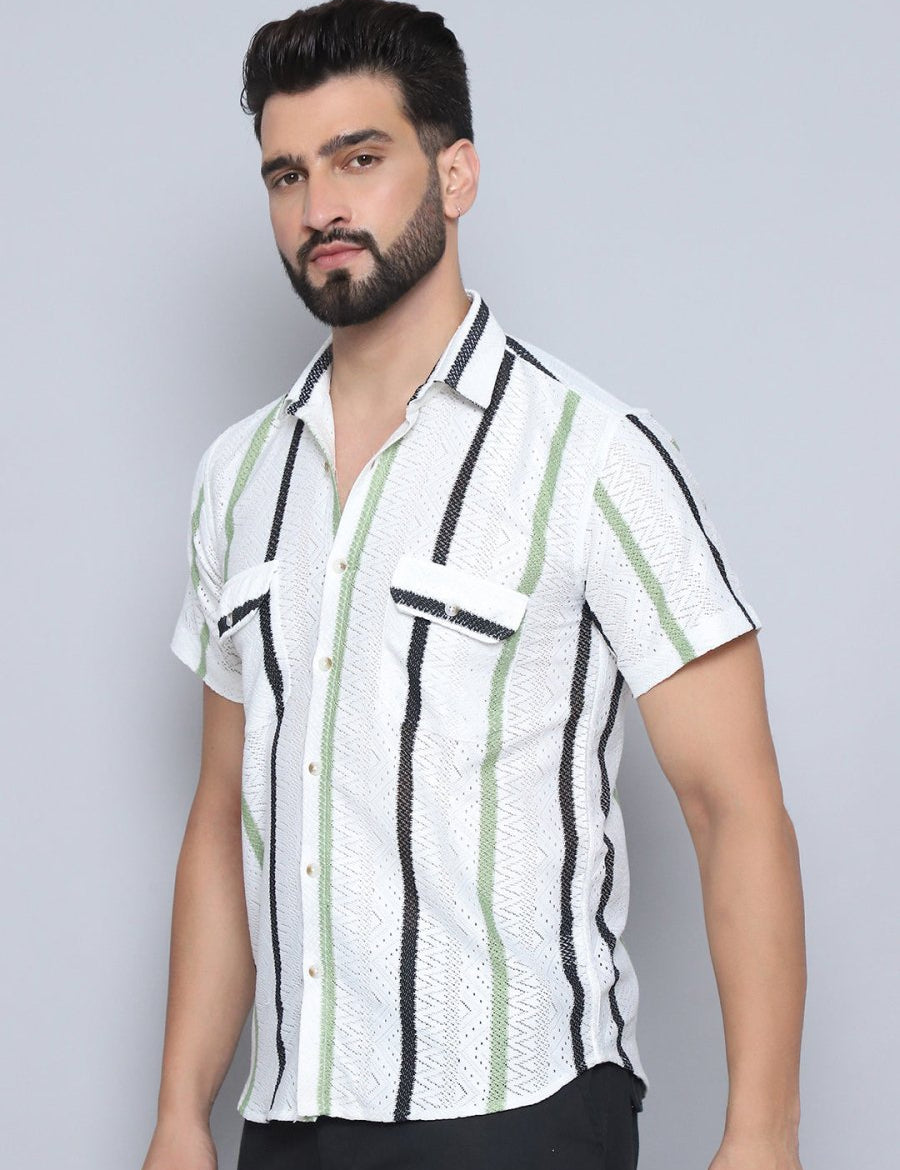 Green Striped Party Shirt for Men - SF_995Green_S