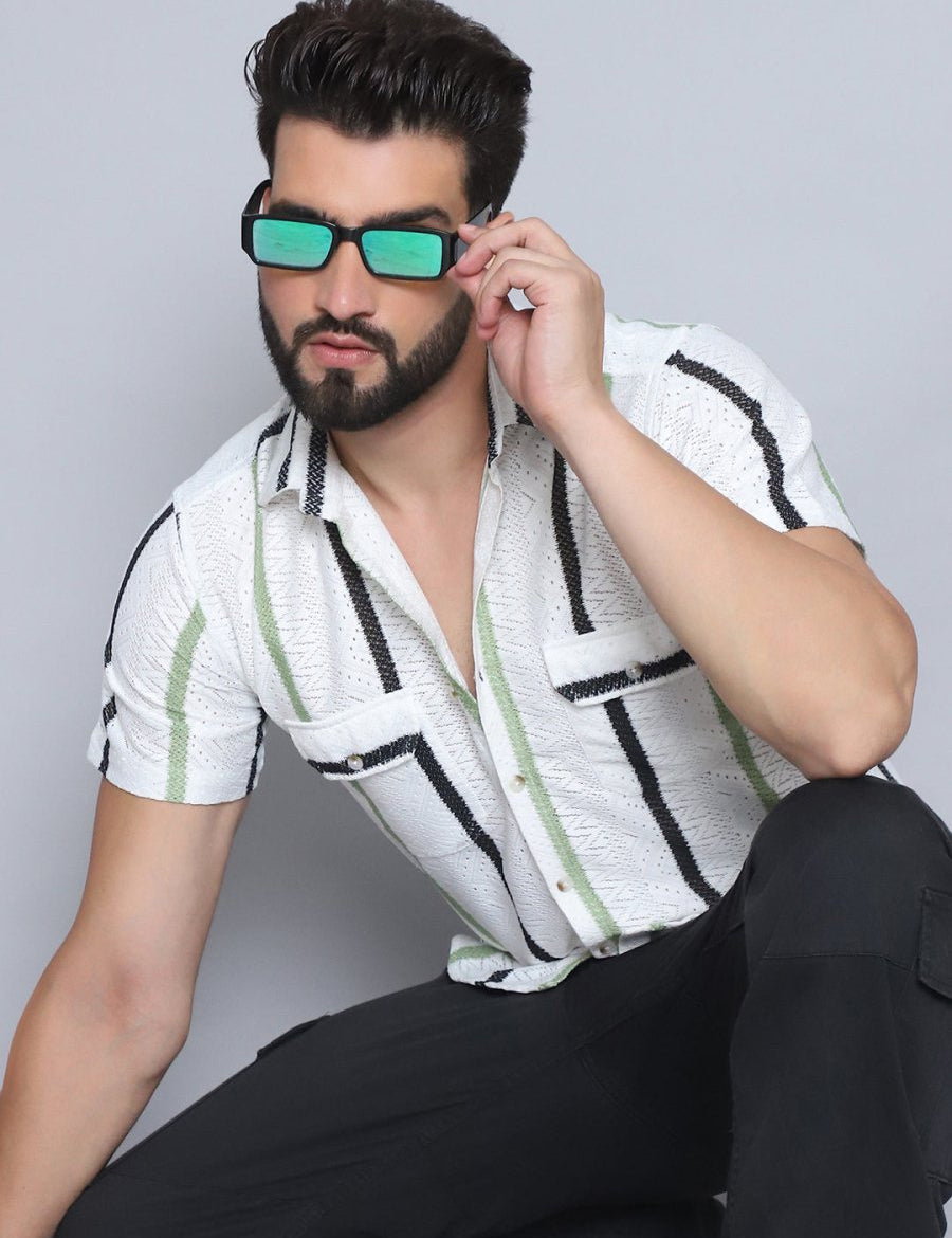 Green Striped Party Shirt for Men - SF_995Green_S