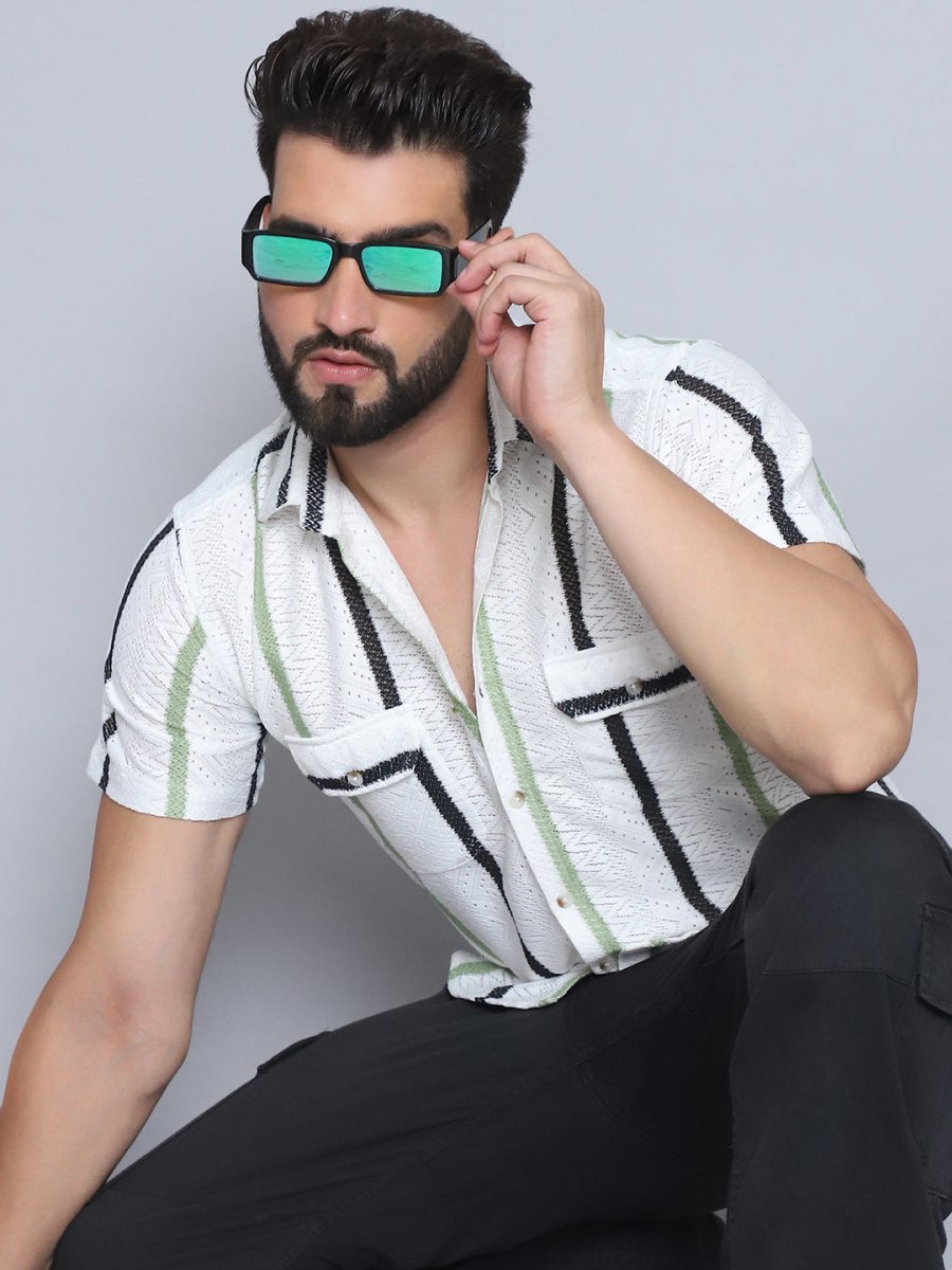 Green Striped Party Shirt for Men - SF_995Green_S