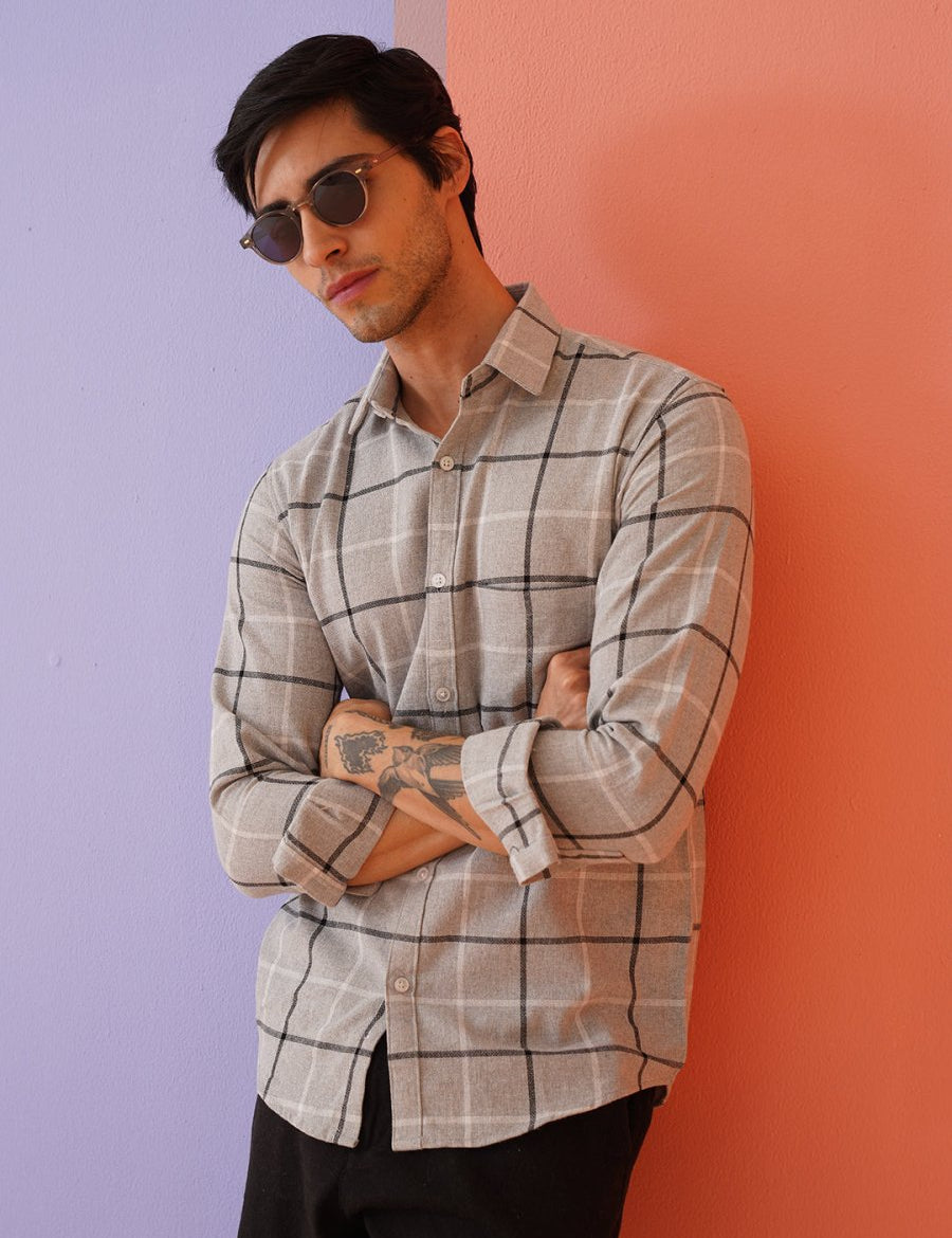 Grey Checked Cotton Shirt for Men - SF_9023Light-Grey_S