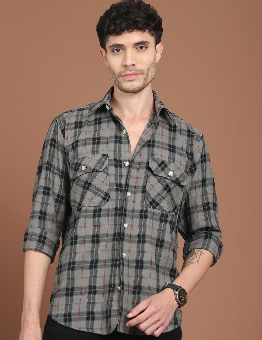 Grey Checked Cotton Shirt for Men - SF_9030Grey_S