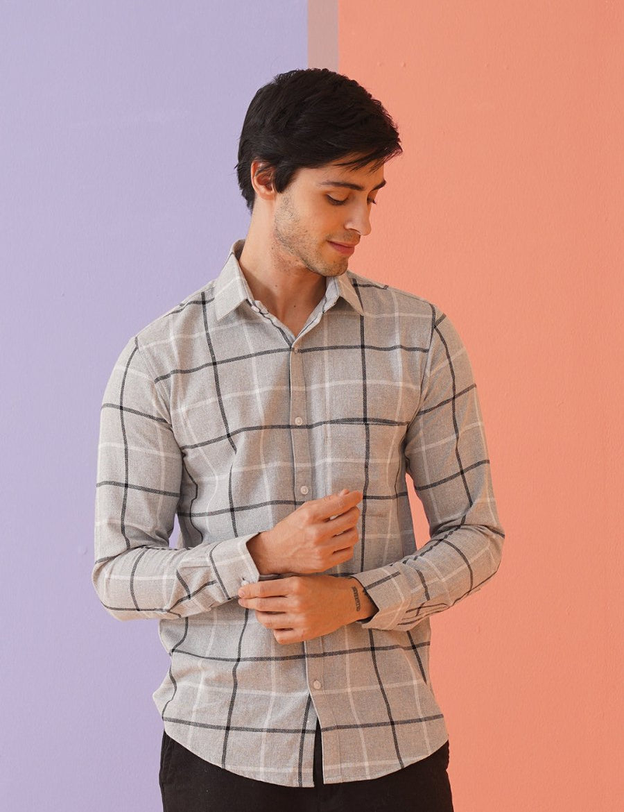 Grey Checked Cotton Shirt for Men - SF_9023Light-Grey_S