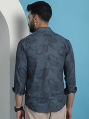 Grey Floral Printed Cotton Casual Shirt - SF_936Grey_S