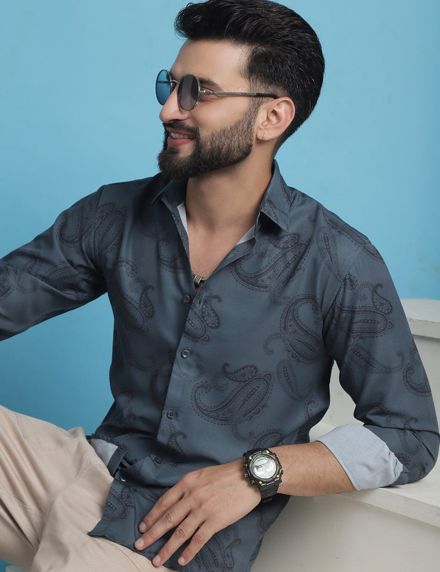 Grey Floral Printed Cotton Casual Shirt - SF_936Grey_S