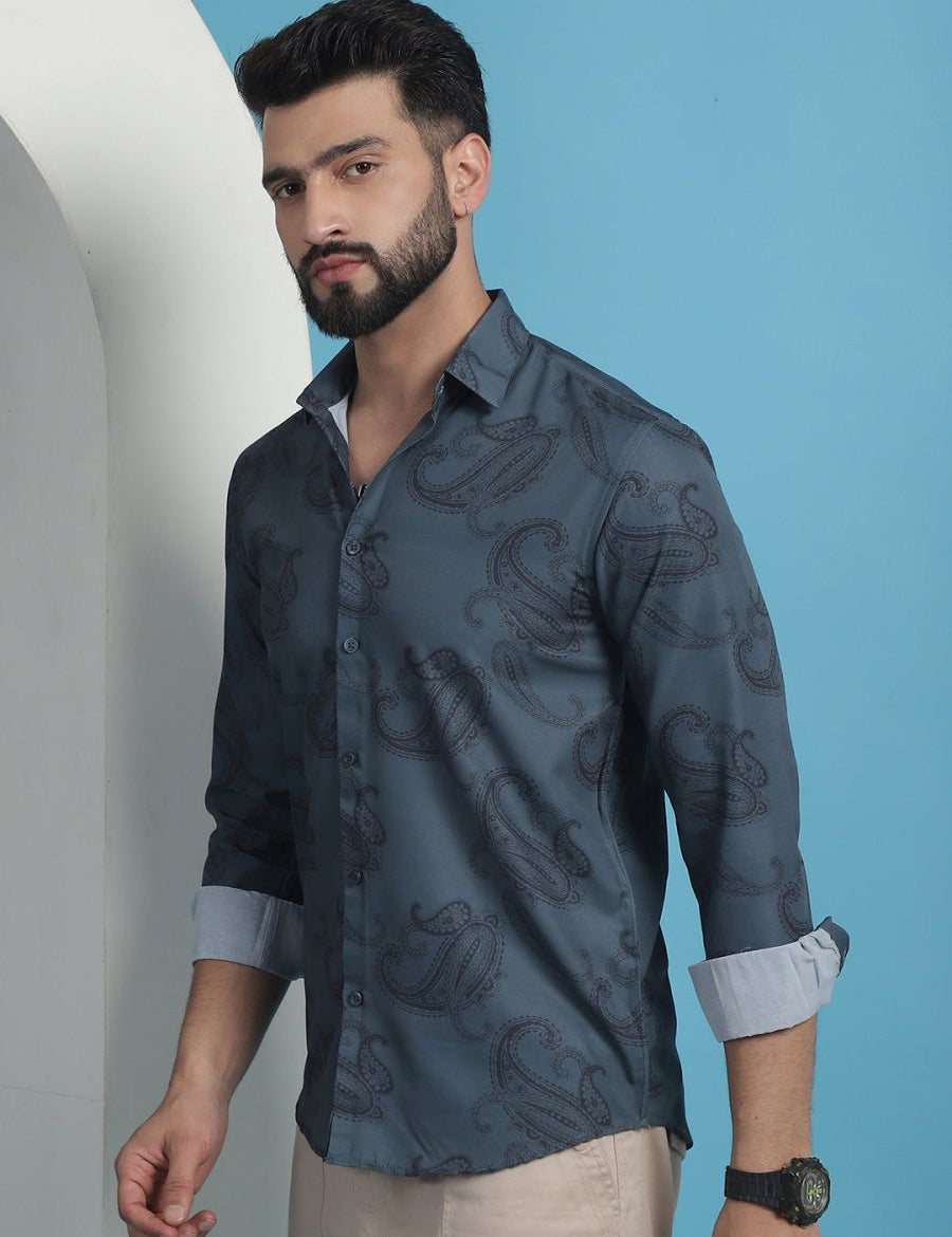 Grey Floral Printed Cotton Casual Shirt - SF_936Grey_S