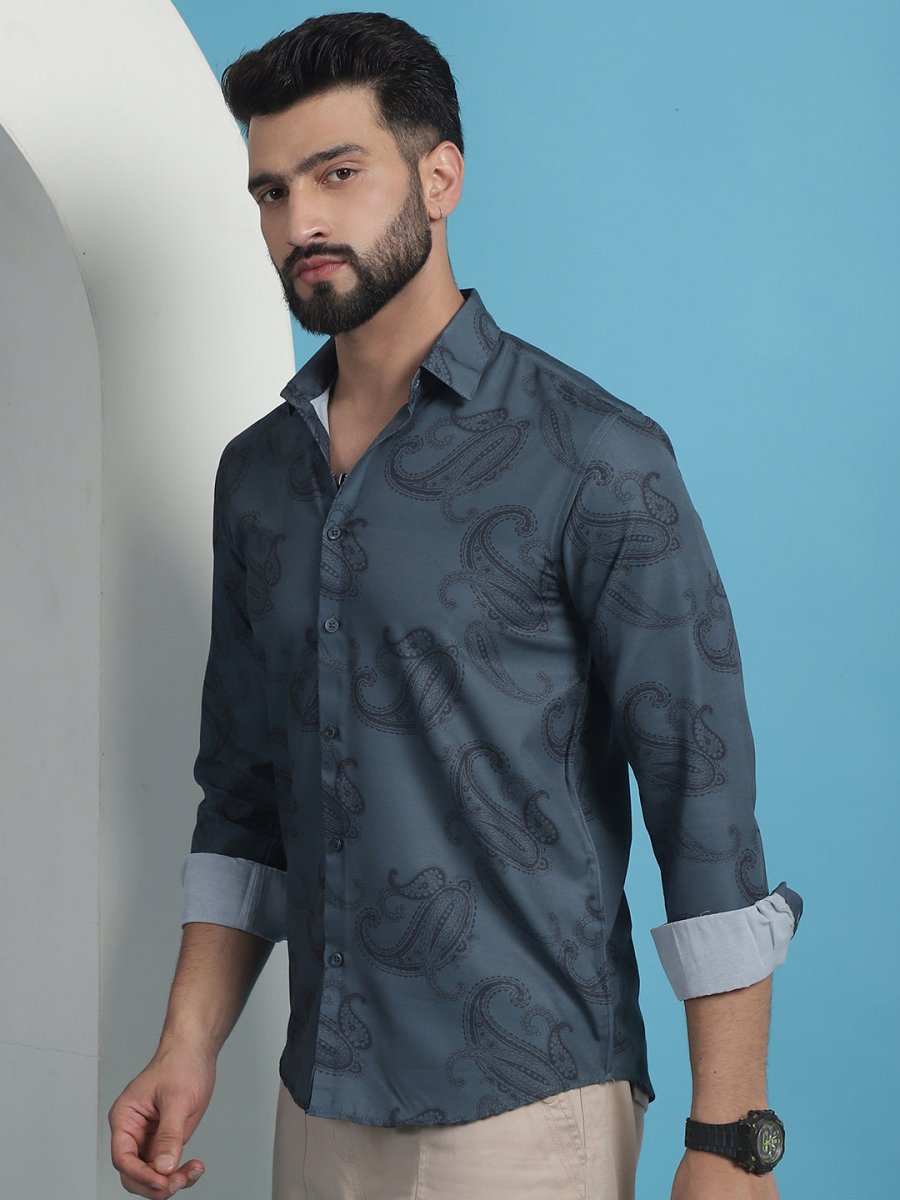 Grey Floral Printed Cotton Casual Shirt - SF_936Grey_S