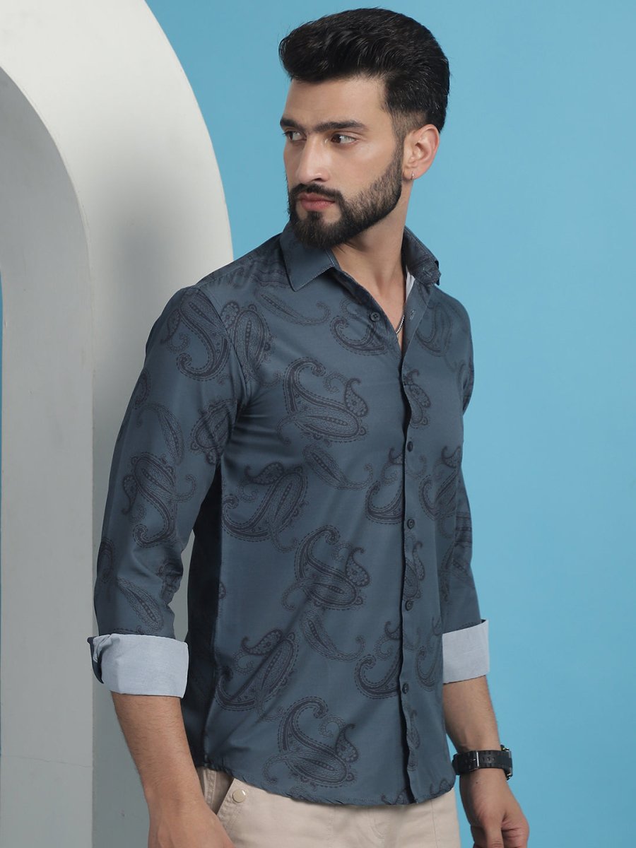 Grey Floral Printed Cotton Casual Shirt - SF_936Grey_S