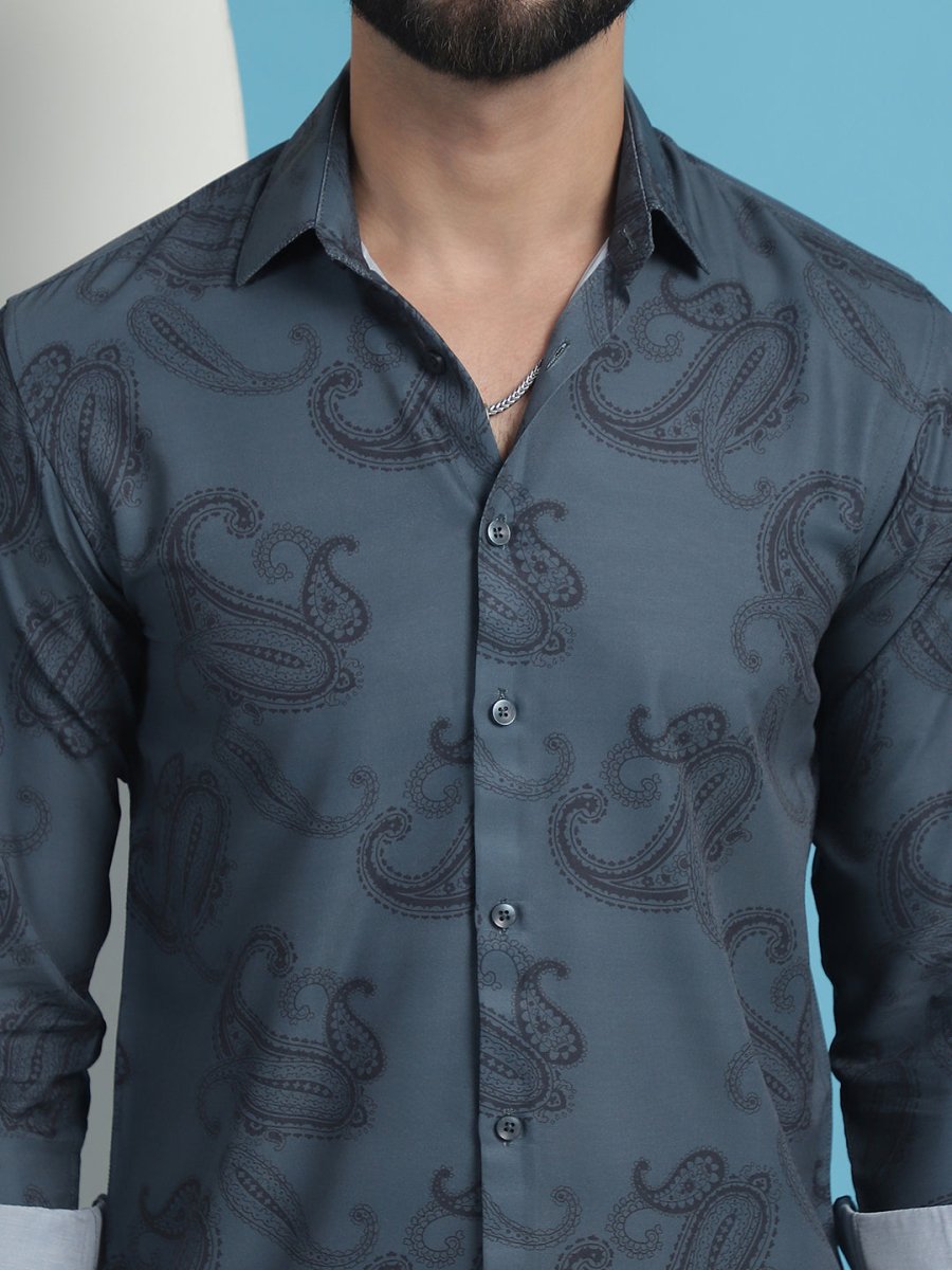 Grey Floral Printed Cotton Casual Shirt - SF_936Grey_S