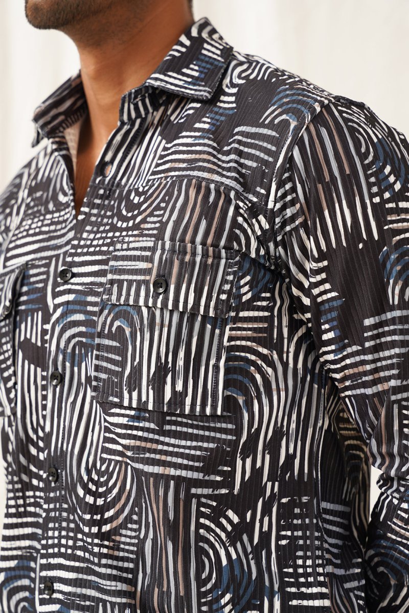 Grey Printed Spread Collar Cotton Curved Casual Shirt - SF_930Charcoal_S