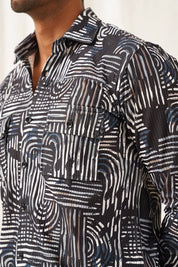Grey Printed Spread Collar Cotton Curved Casual Shirt - SF_930Charcoal_S