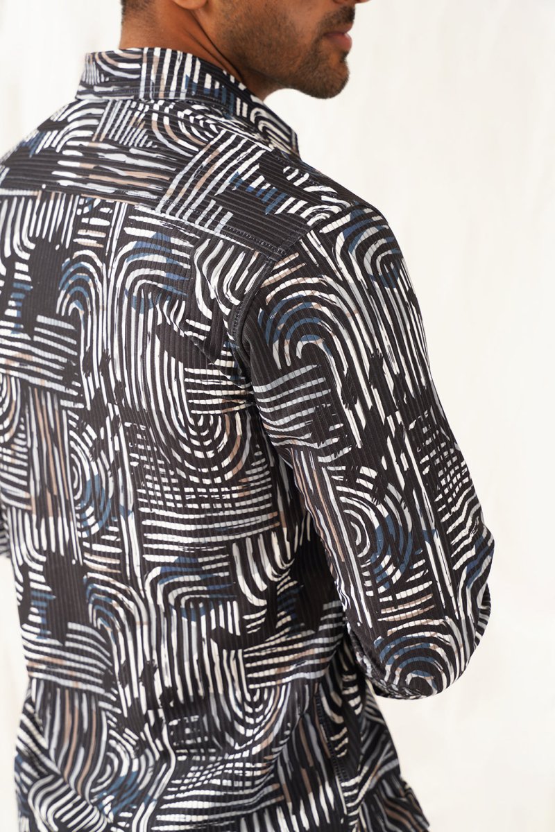 Grey Printed Spread Collar Cotton Curved Casual Shirt - SF_930Charcoal_S