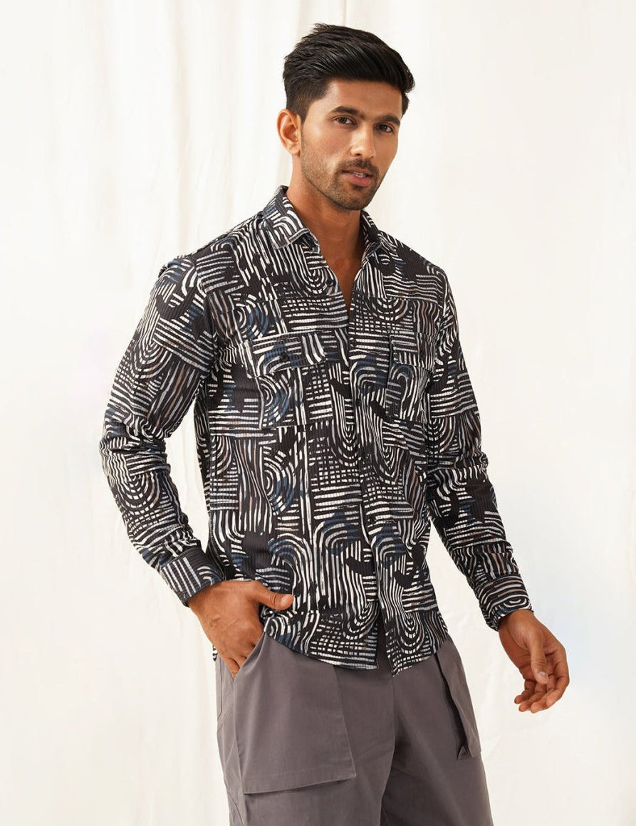 Grey Printed Spread Collar Cotton Curved Casual Shirt - SF_930Charcoal_S