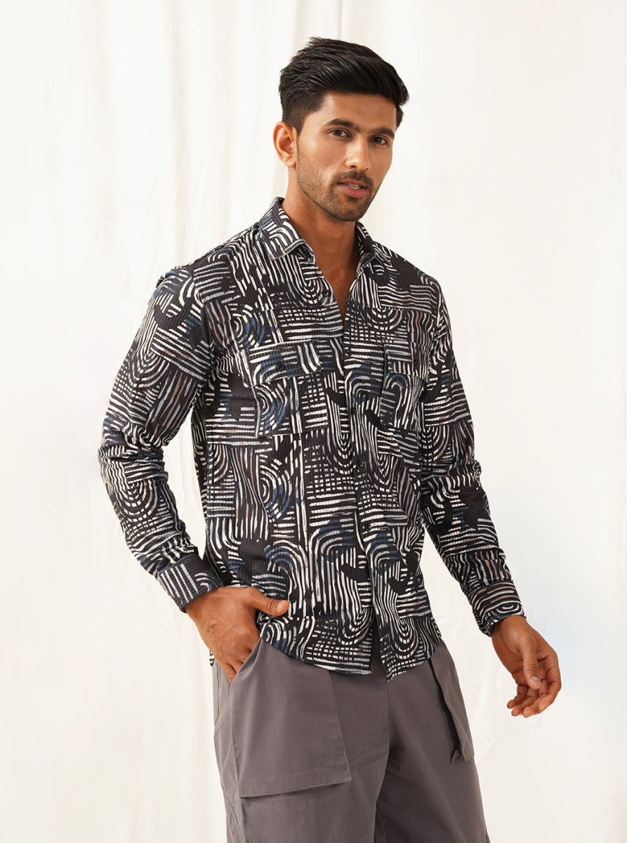 Grey Printed Spread Collar Cotton Curved Casual Shirt - SF_930Charcoal_S