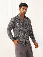 Grey Printed Spread Collar Cotton Curved Casual Shirt - SF_930Charcoal_S