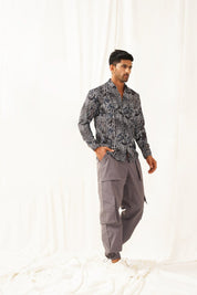 Grey Printed Spread Collar Cotton Curved Casual Shirt - SF_930Charcoal_S