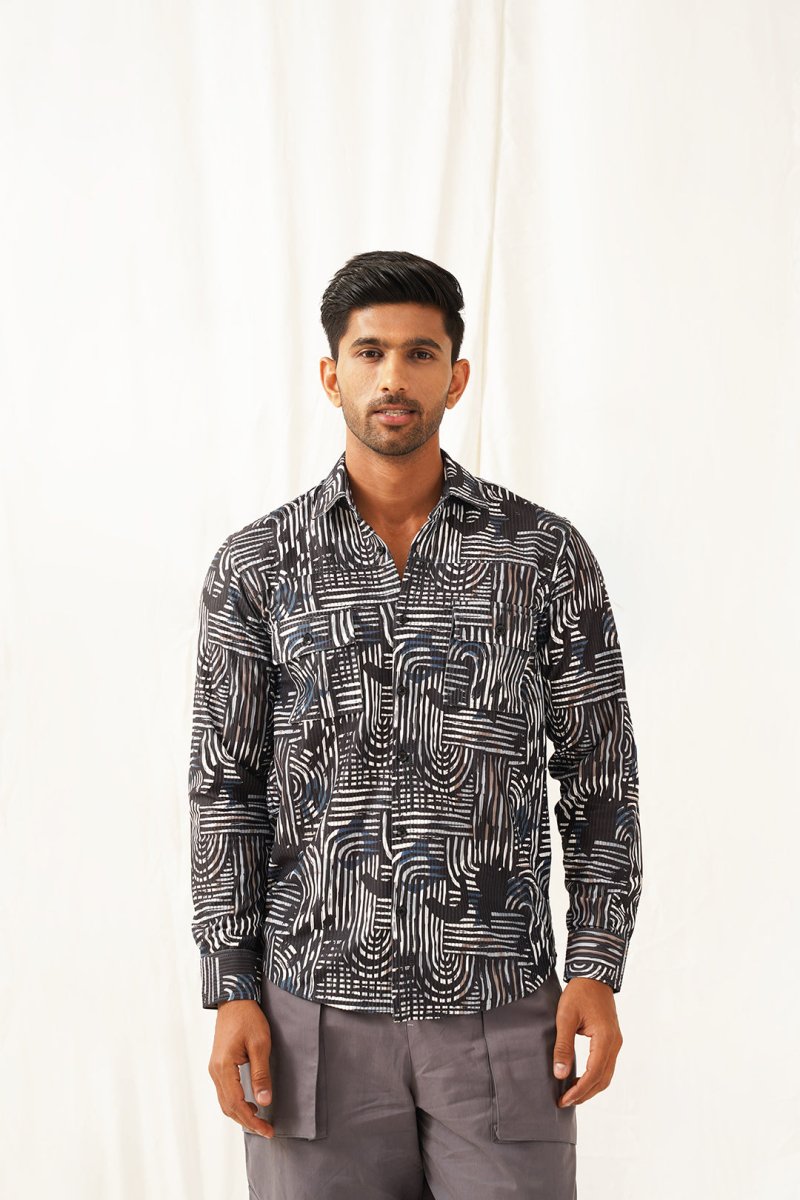 Grey Printed Spread Collar Cotton Curved Casual Shirt - SF_930Charcoal_S