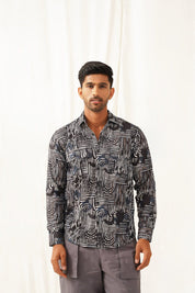 Grey Printed Spread Collar Cotton Curved Casual Shirt - SF_930Charcoal_S