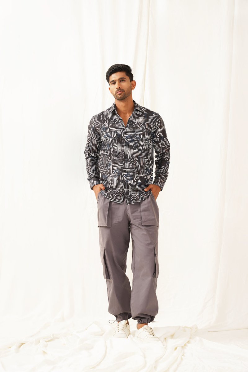 Grey Printed Spread Collar Cotton Curved Casual Shirt - SF_930Charcoal_S