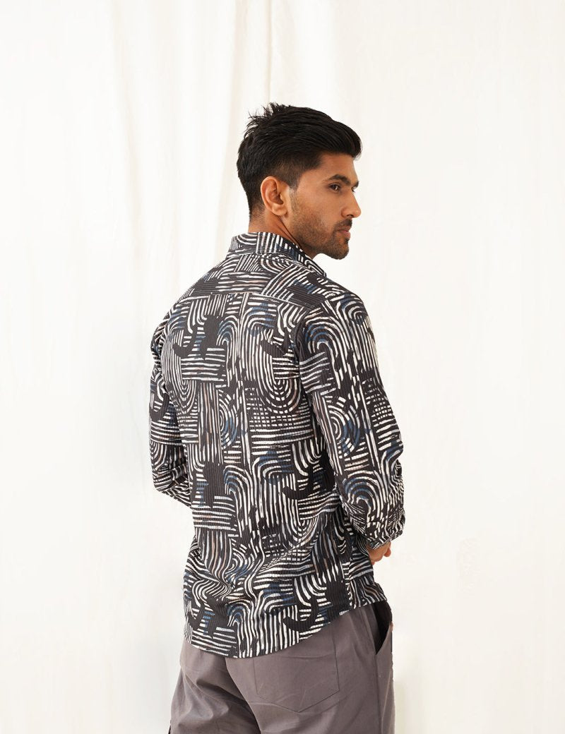 Grey Printed Spread Collar Cotton Curved Casual Shirt - SF_930Charcoal_S