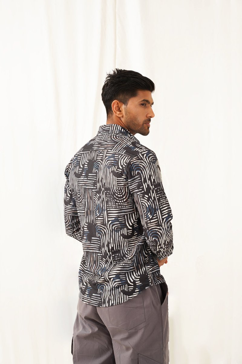 Grey Printed Spread Collar Cotton Curved Casual Shirt - SF_930Charcoal_S
