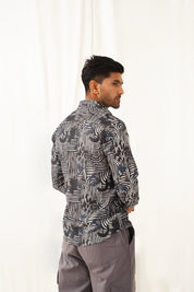 Grey Printed Spread Collar Cotton Curved Casual Shirt - SF_930Charcoal_S