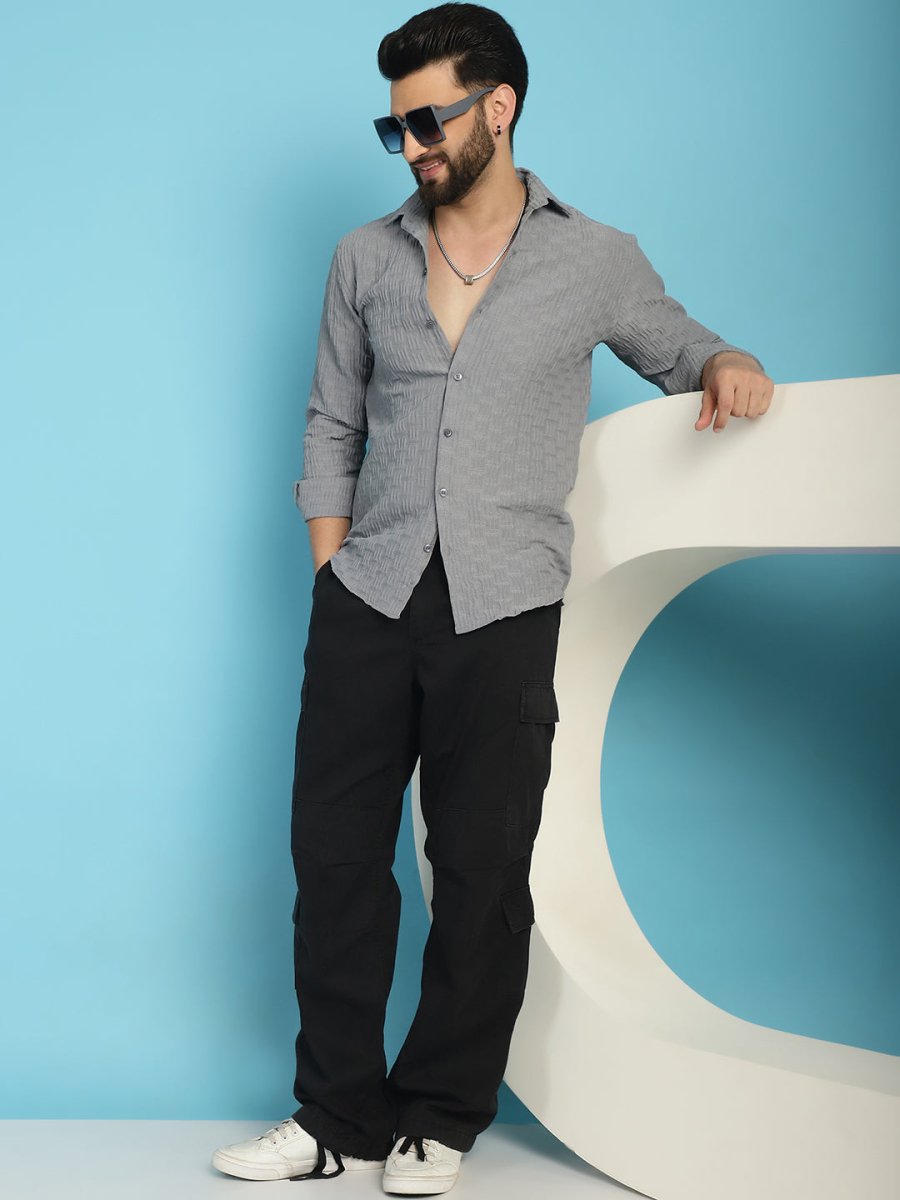 Grey Self Design Cotton Formal Shirt for Men - SF_928Light-Grey_S