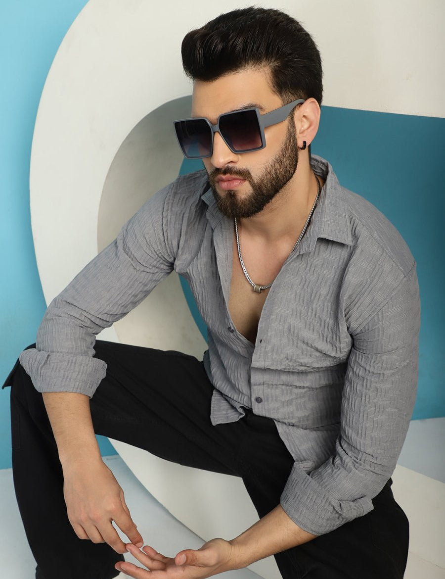 Grey Self Design Cotton Formal Shirt for Men - SF_928Light-Grey_S