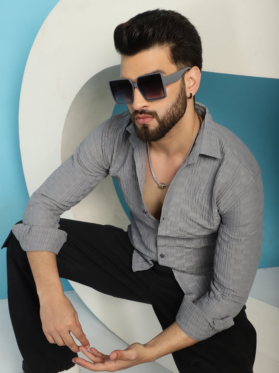 Grey Self Design Cotton Formal Shirt for Men - SF_928Light-Grey_S