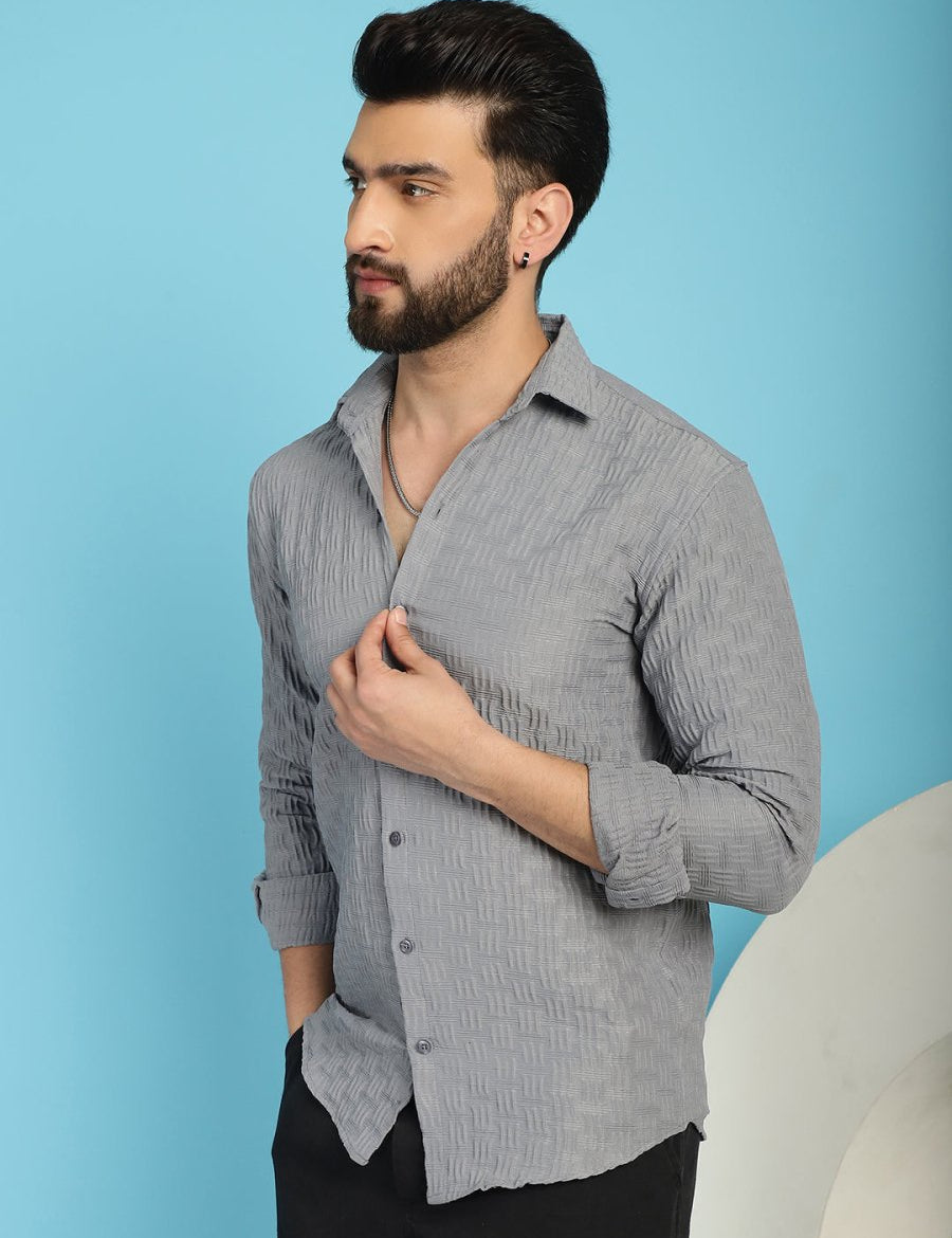 Grey Self Design Cotton Formal Shirt for Men - SF_928Light-Grey_S