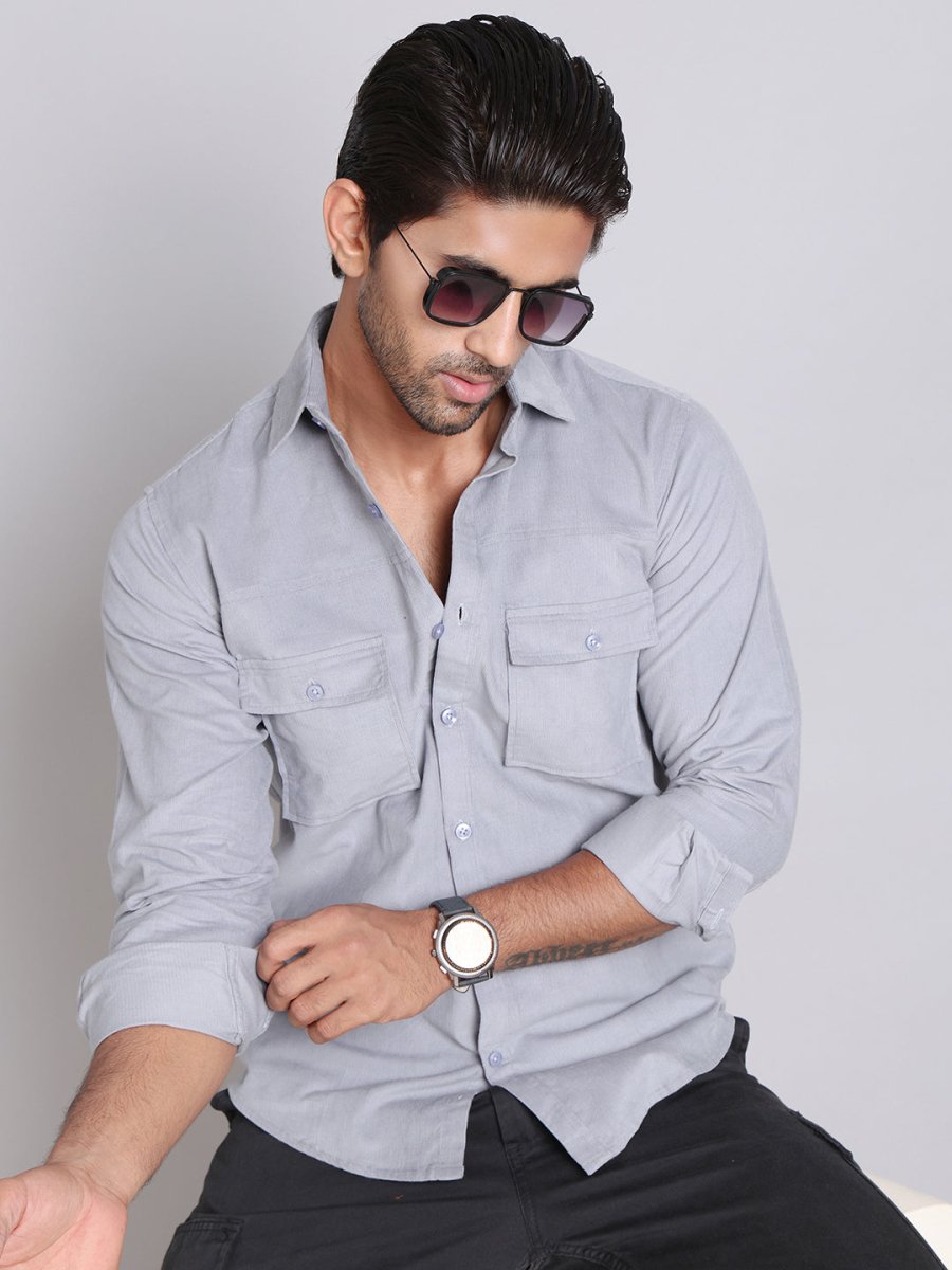 Grey Self Design Cotton Formal Shirt for Men - SF_925Light-Grey_S