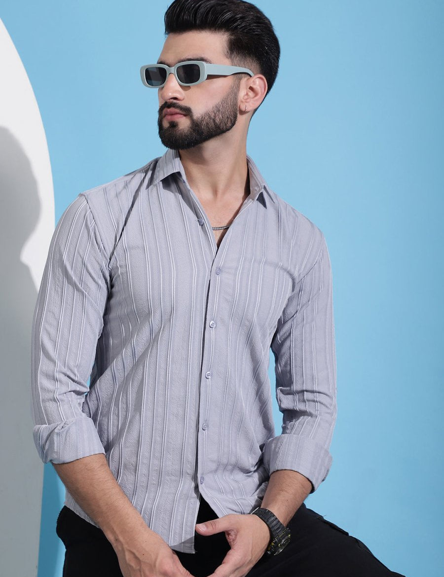 Grey Striped Cotton Formal Shirt for Men - SF_937Light-Grey_S