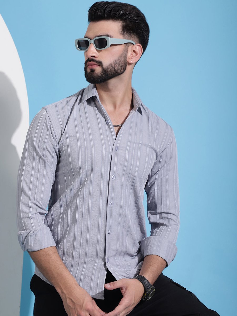 Grey Striped Cotton Formal Shirt for Men - SF_937Light-Grey_S