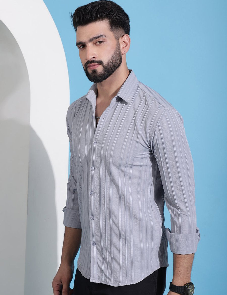 Grey Striped Cotton Formal Shirt for Men - SF_937Light-Grey_S
