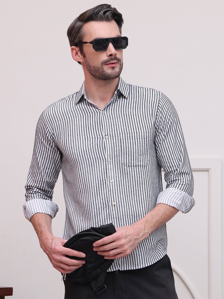 Grey Striped Cotton Shirt for Men - SF_9006Grey_S