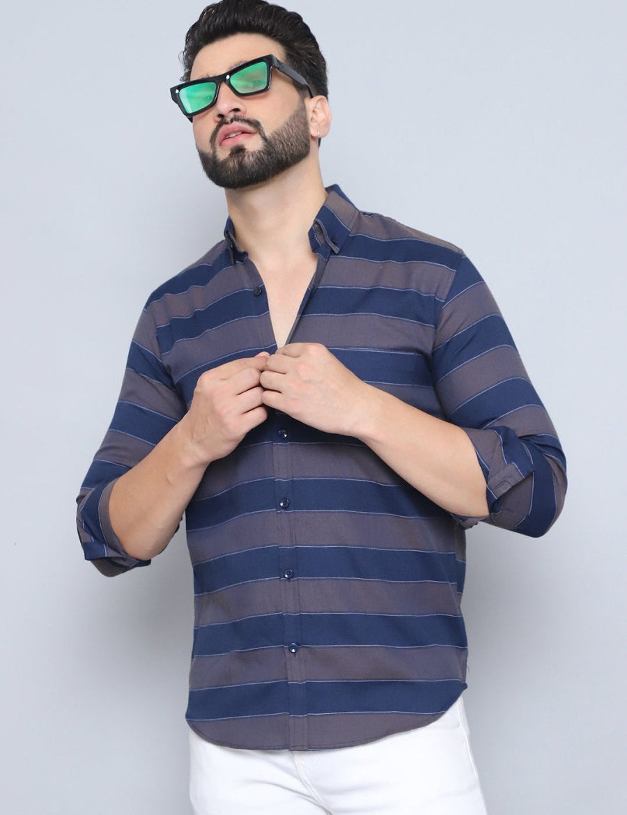 Grey Striped Cotton Shirt for Men - SF_993Grey_S